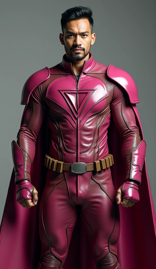 Create a closed-up Malay man in tall body without mask, wearing superhero dark pink leather suit letter "K" logo inside the triangle shape upside down on the chest, wear a brown armor glove, wear a brown cape, dark pink armor pants and brown knee guard, brown belt armor, brown armor shoes. Hyper Realistic photography, 8K Ultra HDR, detailed.