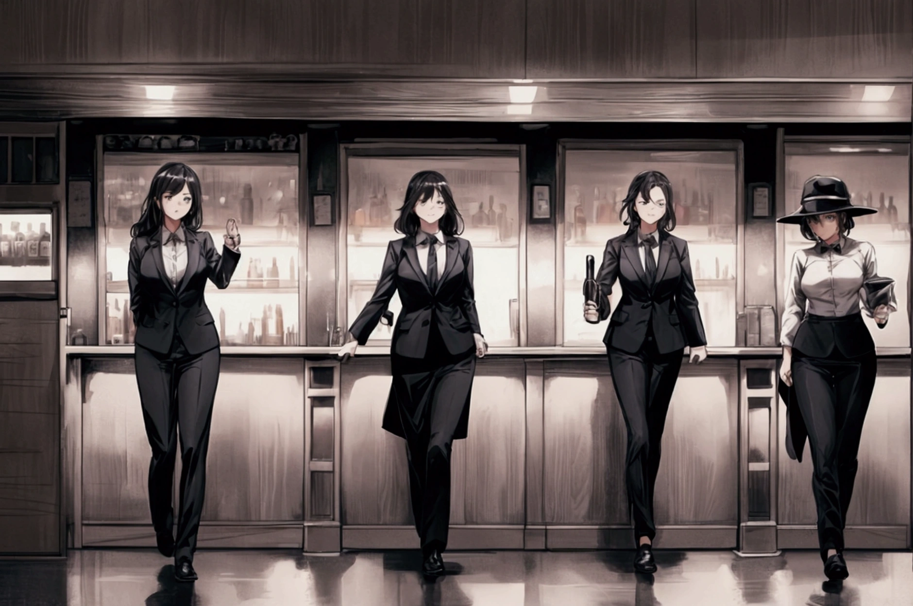 5 girl walking, group walk, look at you, background on bar, 3 girls are detectives, 2 girl are businesswomen, 