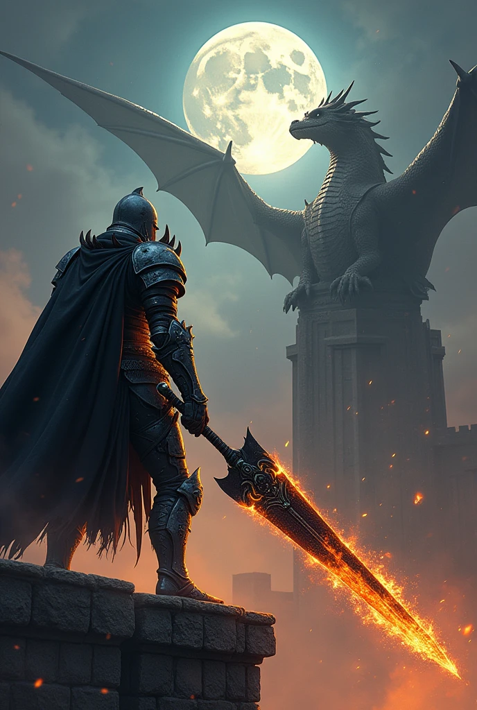 Create a knight with fiery iron armor and silver and black details and a large black dragon-slaying sword with fiery bone details facing a draconic monster with horns and breathing fire on top of a castle under the full moon with it on the horizon