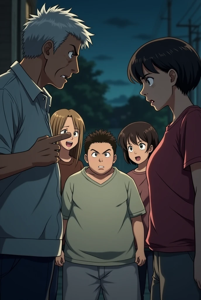 A close-up view of a family scene inspired by the anime 'I Got a Cheat Skill in Another World and Became Unrivaled in the Real World, Too.' The focus is on two angry parents in the foreground, pointing at a very overweight, mature-looking high school boy in the background who appears isolated and neglected. The boy is dressed in loose, unfashionable clothes, emphasizing his large size. Meanwhile, his younger siblings in the back are enjoying themselves, laughing and talking, completely ignoring him. The scene is set in a dimly lit, modern suburban home with an anime-like art style, highlighting the family's dynamic