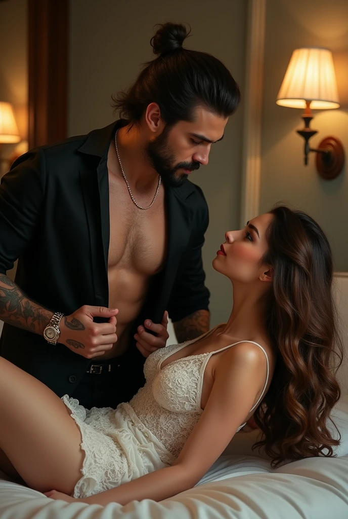 create dynamic poses and far-angle shots, a man on his knees is climbing onto the bed, Yaman pode, 20 year, long brown hair with bun, strong square chin, defined chin, bigode up to up to , strong muscular physique, he is taking off his shirt, wearing a black dress shirt, black dress pants with belt, tattooed arm and hand, expensive watch on wrist. Na frente dele está uma mulher jovem 20 year, Kennedy Walsh, pele caucasiana, freckles, 精致的面容, greyish blue eyes, very long silky brown hair with curtain style bangs, wearing an ornate white dress, fall on the shoulders, long puff sleeves. She is lying on her back on the bed with her legs spread looking at the man.