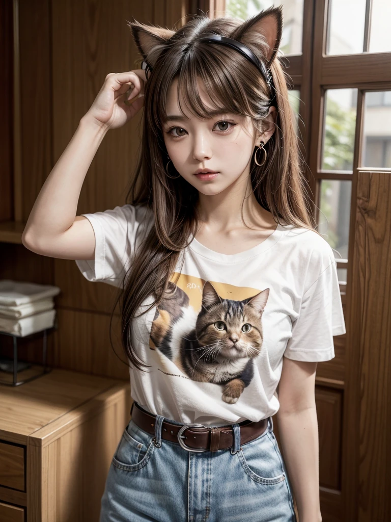 One person, chest, 大きなchest, , t shirt long hair, Brown Hair, belt、Cat paw cat ears, Earrings, 