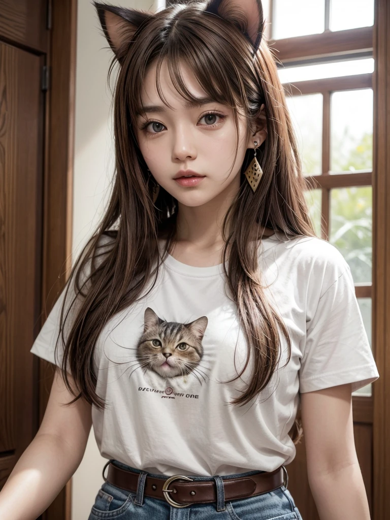 One person, chest, 大きなchest, , t shirt long hair, Brown Hair, belt、Cat paw cat ears, Earrings,