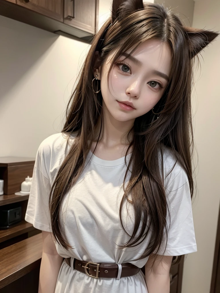 One person, chest, 大きなchest, , t shirt long hair, Brown Hair, belt、Cat paw cat ears, Earrings, 