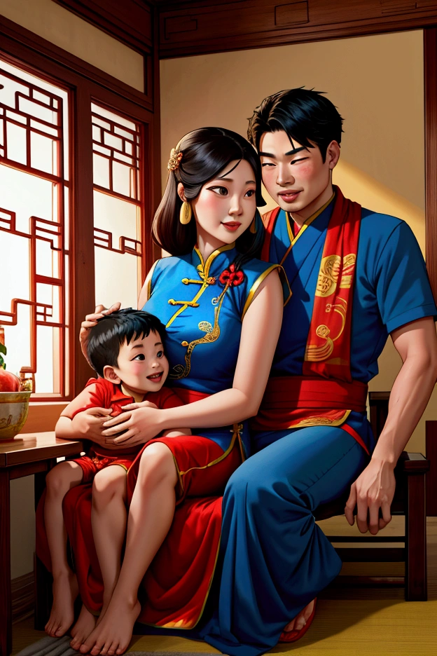 Chinese woman and Filipino man telling stories with their 1 son and 2 daughters in a house, enjoying