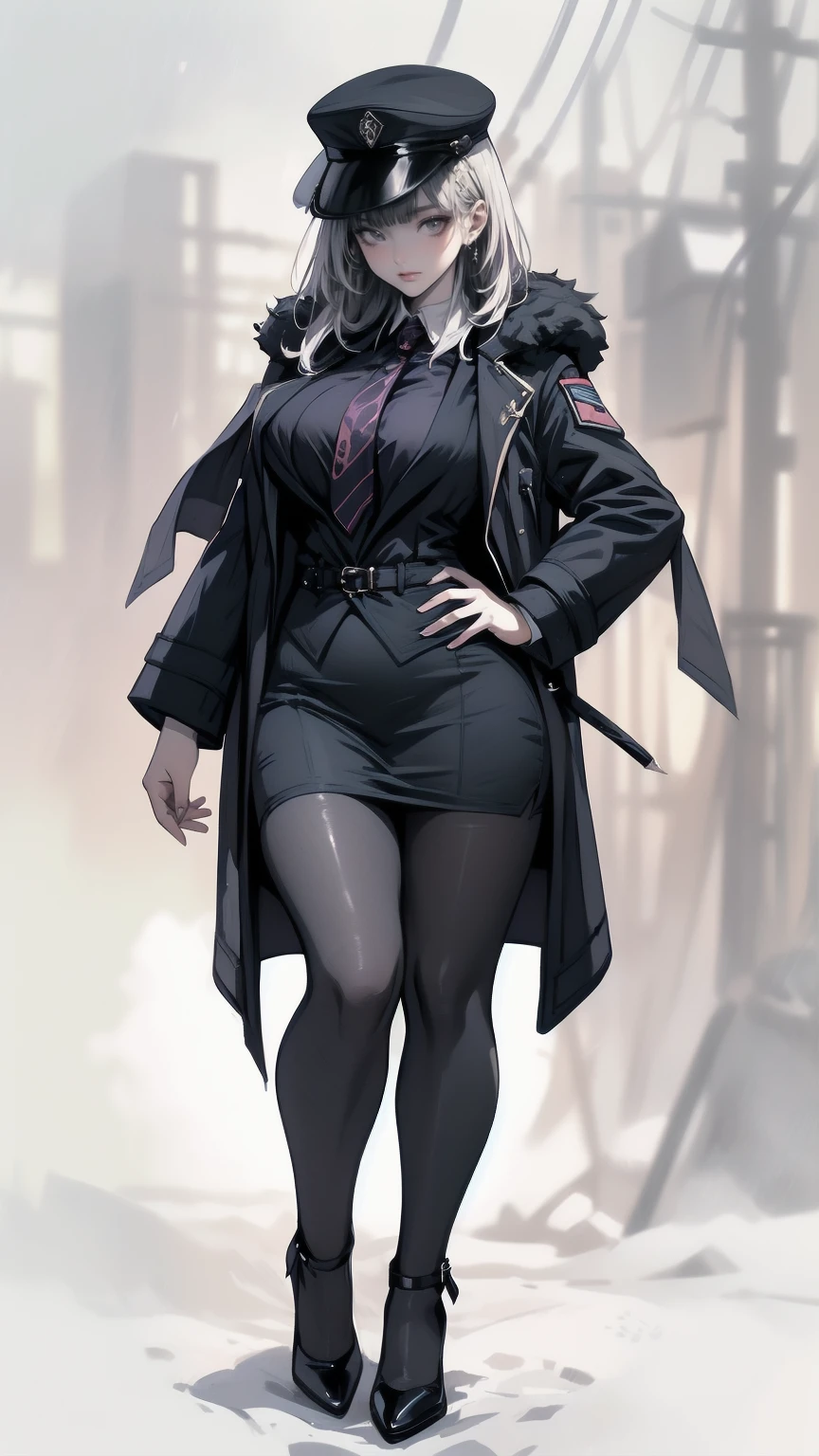 Mature beautiful woman,(Highest quality,Extremely detailed depiction,Incredible high resolution,Anatomically accurate depiction,Curvy Legs,Glowing Skin,Porcelain-like skin,Perfect body),(Sexy Female Soldier,uniform,Pencil Skirt,High heels,black tights,Hats for the winter,latex,Heavy coat,Winter Gear),eyelash,Flashy makeup,eye shadow,Intense glowing purple eyes,Half a point.4,Large Breasts,Glossy pink lips,Shadowed face,Captivating smile,whole body:1.2,(background:Snowfield:1.3),Snow Scene,that&#39;it&#39;s snowing,Side view:1.3
