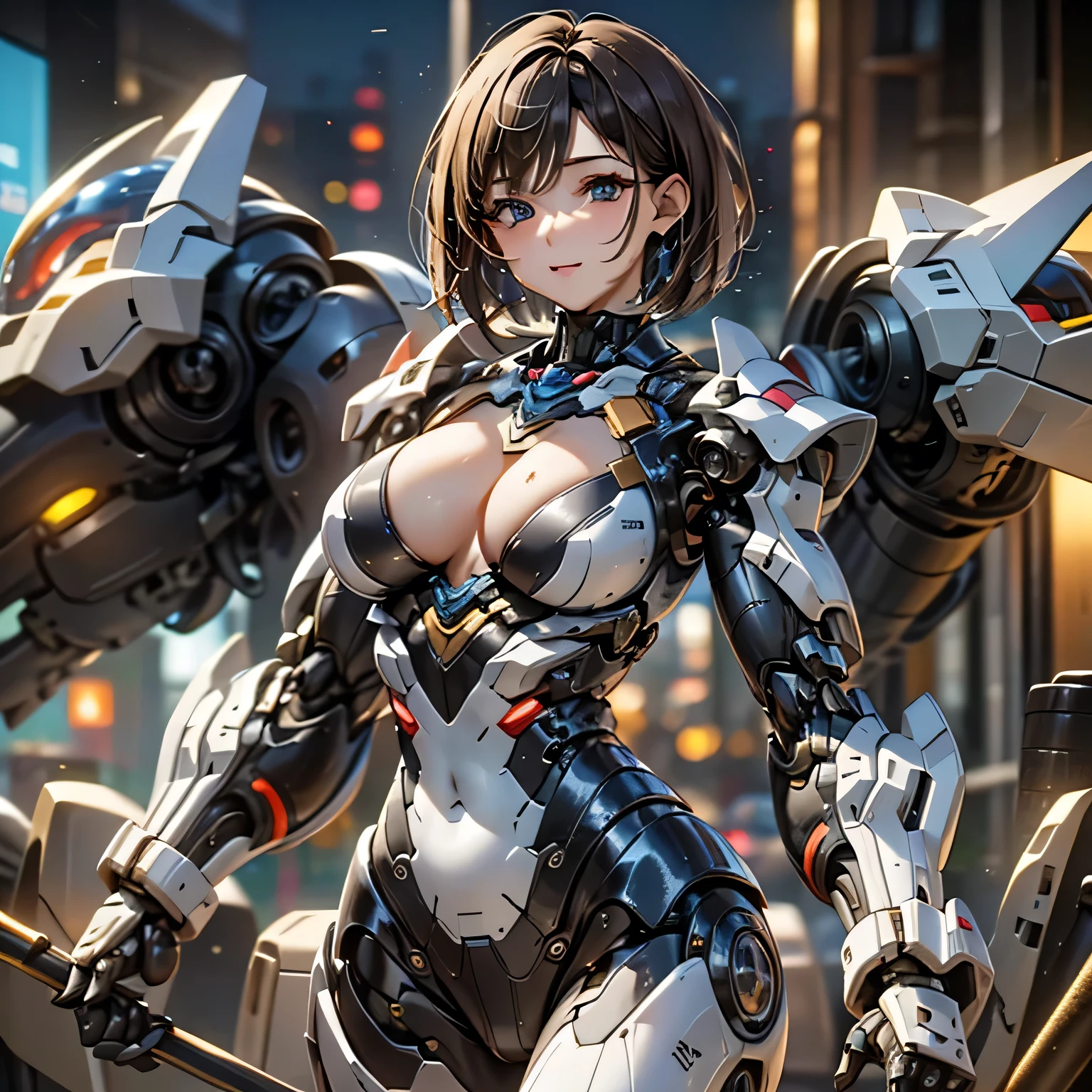 (Upper Body), (Realistic, [anime]), (3d:0.3), Dramatic lighting, ((masterpiece)),(quality),(High resolution), Tall Lady Voidstar, [[Covered Abs]], ((X-Ray Power Armor|Lined bodysuit|White power armor) Mechanical Arm), Long black hair undercut, [Wicked Smile], Small breasts, Covered navel, eyeliner, eyelash, Perfect Face, Beautiful Nose, Detailed pupil, Beautiful Eyes, Fine grain, Brown eyes, Perfect Lips, A-pose on the monitor, Simple Background, [boku no hero academia], (set:1) ,  