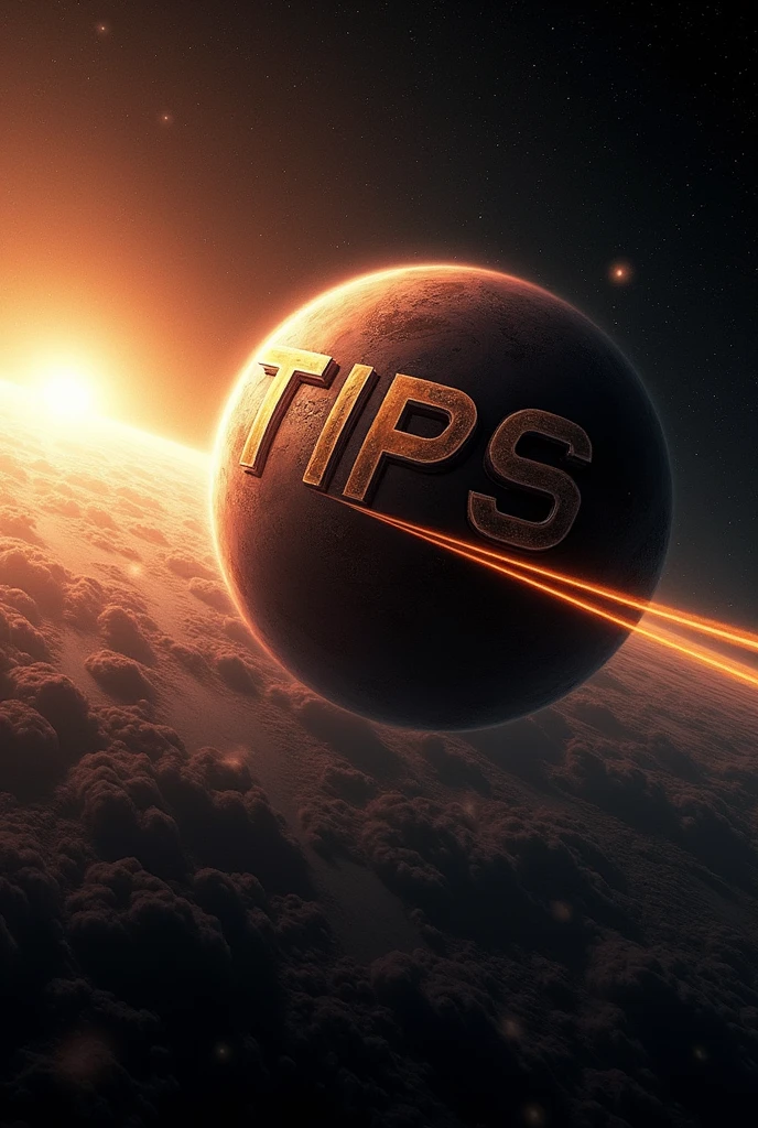 Tips is a big planet which has a word tips on it and the planet is moving in high speed orbiting the sun, it also has a long tail of light as it's moving so fast