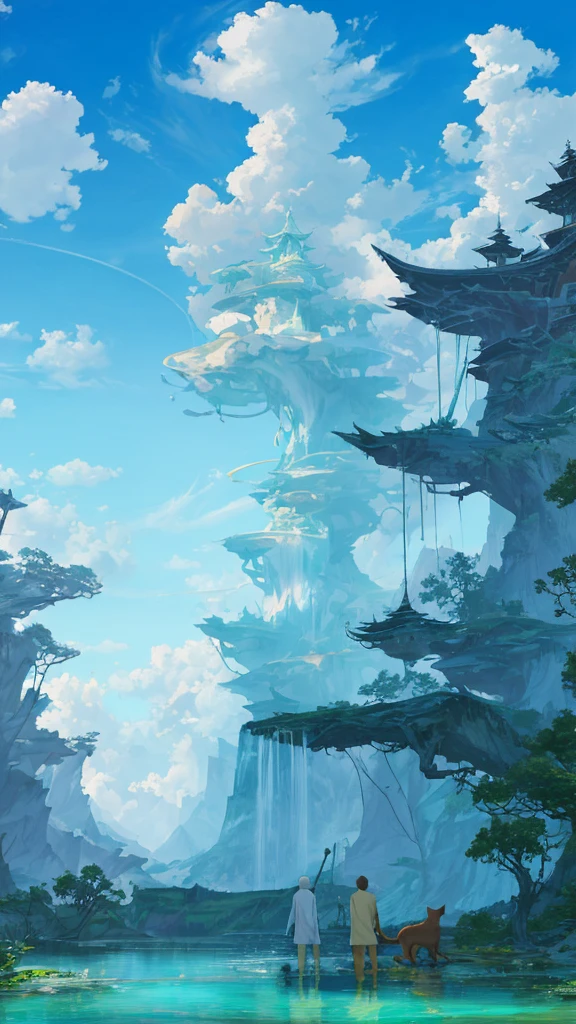 conceptart,.3 cute cats standing, No Man, landscape, Water, sky, tag, tree, cloud, waterfall, outdoor, architecture, nature, Time, blue sky