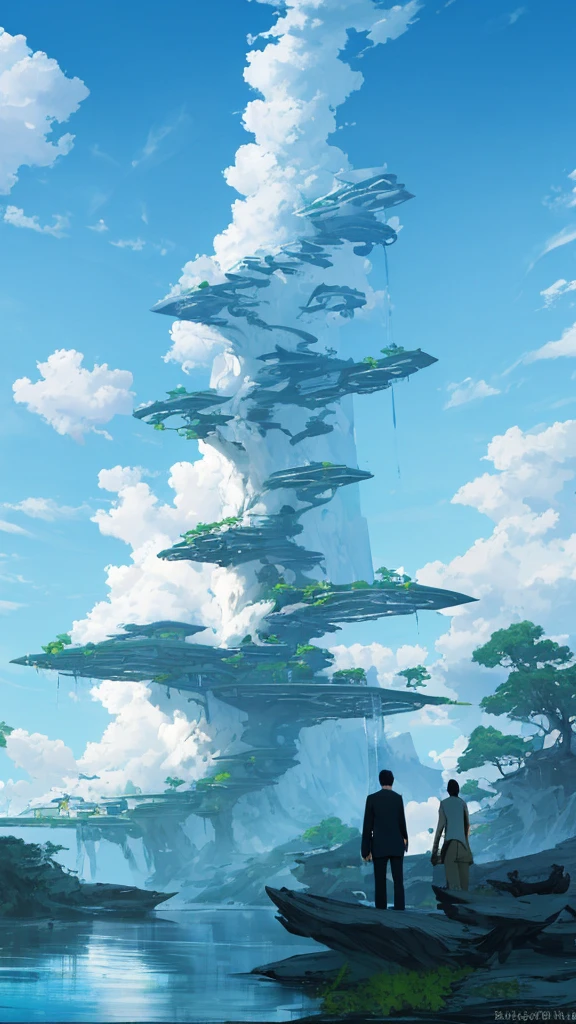 conceptart,.3 cute cats standing, No Man, landscape, Water, sky, tag, tree, cloud, waterfall, outdoor, architecture, nature, Time, blue sky