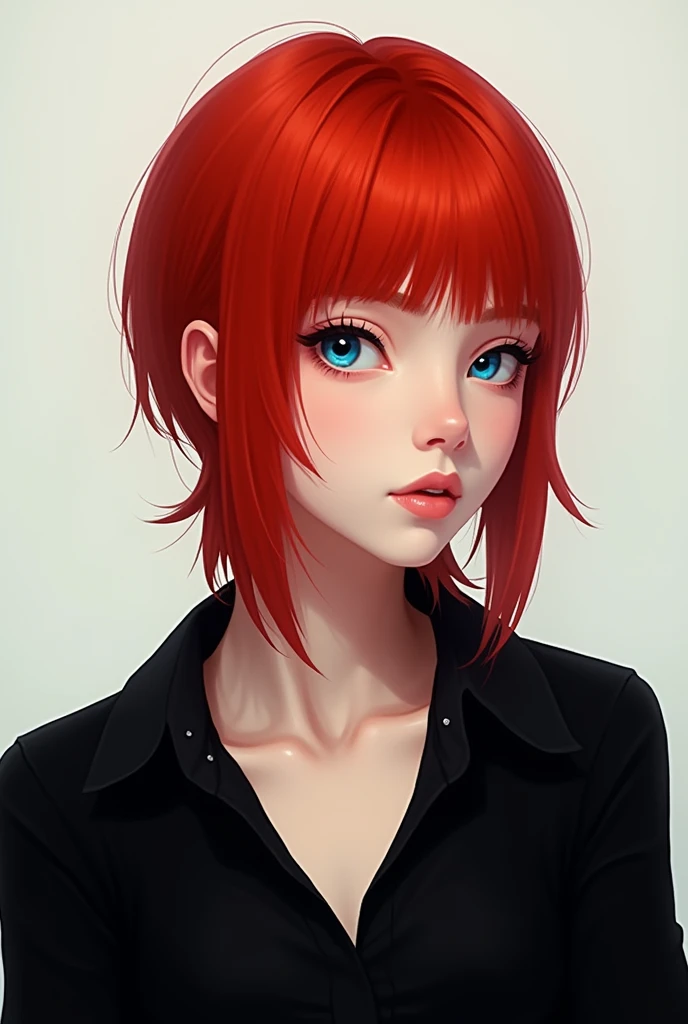 One with blue eyes and red hair in a black shirt, 2D style