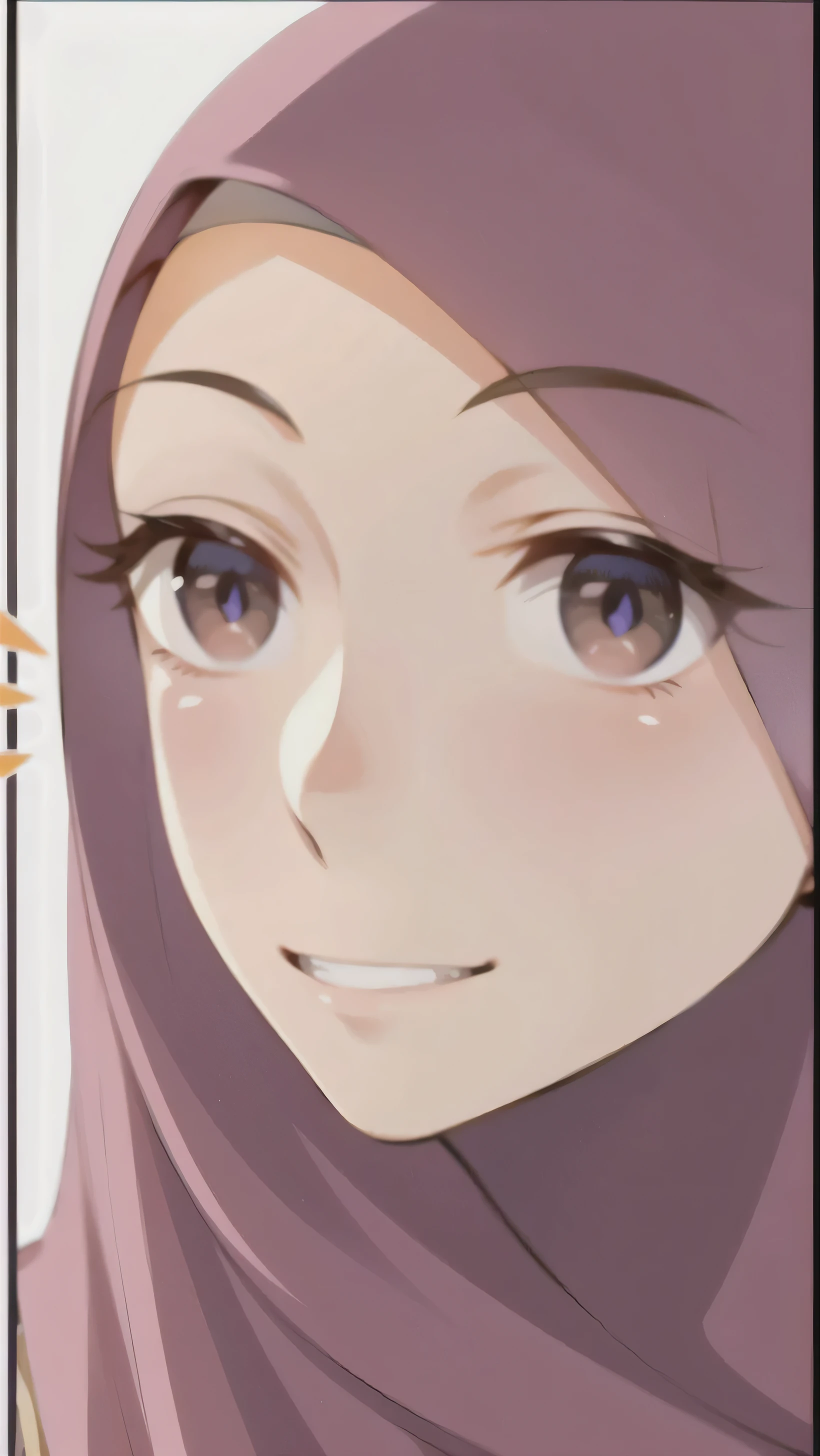 anime girl with hijab and a purple scarf looking at the camera, hinata hyuga, haruno sakura, sakura haruno, yuruyuri, smirk expression, hannah yata, drawn image, hinata hyuga from naruto, [[[[grinning evily]]]], perfect anime face, beautiful image, cute expression, illustrious makinami