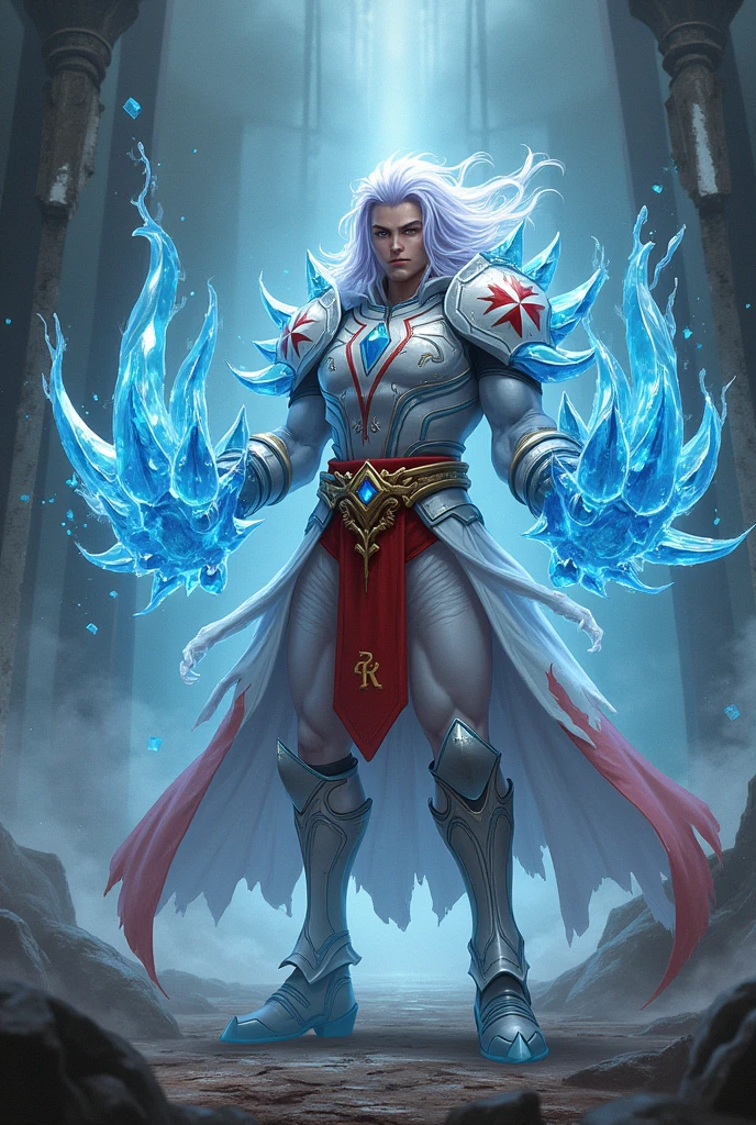 Male age 35, long white and pale purple hair, asian-latin, dark blue eyes, strong big monster Diamond ice demon arms, white Plate armor, armor breastplate with a pair four-pointed red stars, a gold belt buckle with a letter R, red leotard, plate belt, plate wristband, armor boots with red flames, cyberpunk japanese style, athletic, magic powers, action, black cat nails, crazy pose, dark ruins backgroud, full body