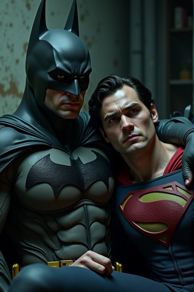 Create an image with Batman and Superman sick from a big virus 