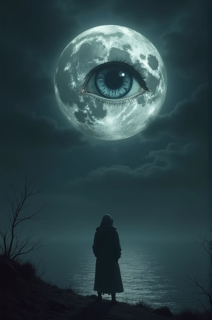 Generate a character depending on this text 2. Moon: Depicted as a silver eye in the dark sky, watching the scene with indifferent coldness, symbolizing the constant presence and indifference to Liam's suffering.