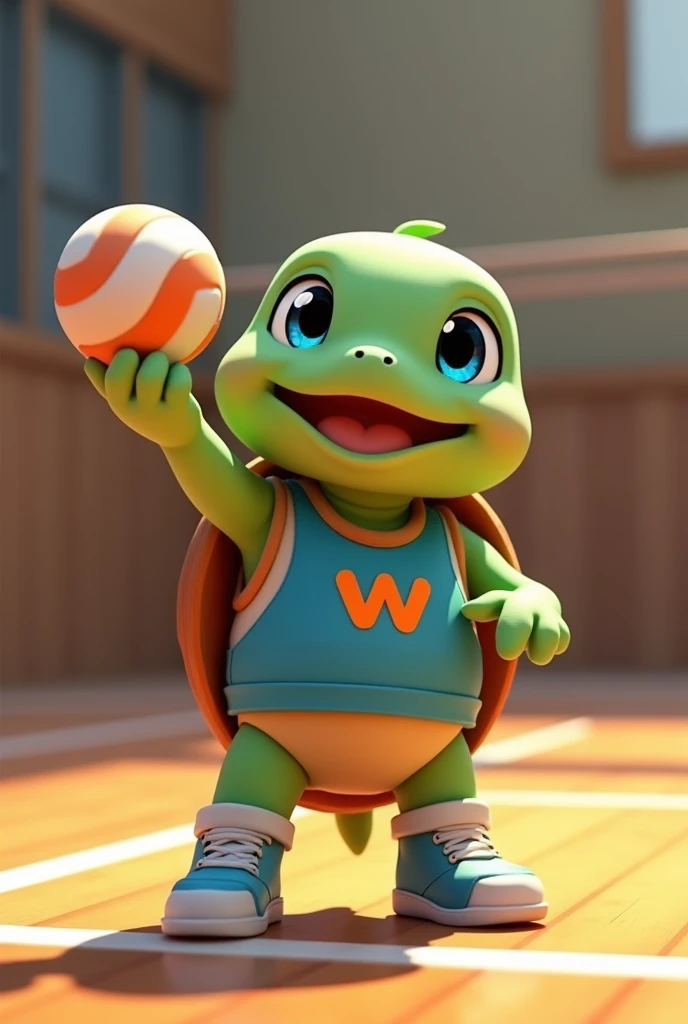 Waku, an adorable turtle with vibrant green skin and a rich brown shell, looks up with bright blue eyes shining with excitement, as if celebrating a triumphant spike, stands on a modern volleyball court covered with polished wooden floors, holding a volleyball in her hand, wearing a blue tank top with a stylized orange lowercase "W" logo on the chest, her tiny tennis shoes laced up and ready for the On the next serve, capturing the essence of its cheerful and competitive spirit, with soft, warm lighting casting a comforting glow on the overall scene. He is greeting the public
