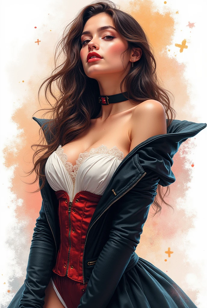 Beautiful girl in a magician costume,,Big breasts,sexy,openly,charming,Seductive(Very bright:1.1), white background, [1 girl:7], (tilt your head:1.2), ([draft|watercolor \(moderate\)]:1.15), (Inc. Blot:1.1), (pale:1.2), chaotic abstract background, Vector traces, Mixed gradient, bright colors, Excellent, very detailed, complicated, (Very low contrast:1.4)
