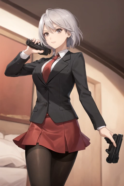 Highest quality、Ultra HD、One Woman、(Silver short hair)、(Red Blazer 1.3)、(Red tie)、(shirt)、(Red Heels 1.1)、((Red Mini Tight Skirt))、((Black Tights 1.2))、((1 holding a gun in both hands.5))、stylish、Beautiful Face、(Black Belt 1.2)、2 female、Glamorous Body、(Sunset slum background 1.2)、((Clear and beautiful touch))