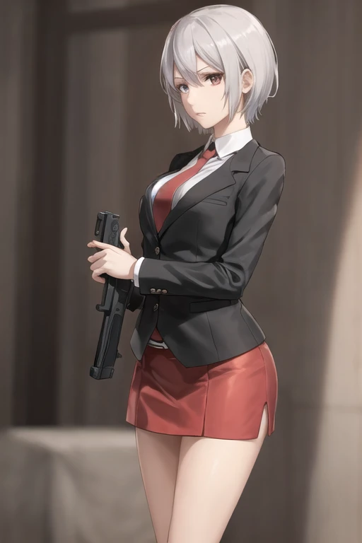Highest quality、Ultra HD、One Woman、(Silver short hair)、(Red Blazer 1.3)、(Red tie)、(shirt)、(Red Heels 1.1)、((Red Mini Tight Skirt))、((Black Tights 1.2))、((1 holding a gun in both hands.5))、stylish、Beautiful Face、(Black Belt 1.2)、2 female、Glamorous Body、(Sunset slum background 1.2)、((Clear and beautiful touch))