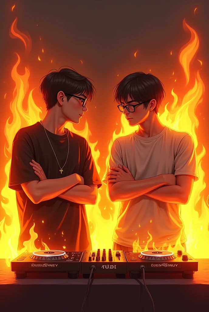 Create a picture of two teenagers who are completely covered in flames. One boy has dark brown hair, is 1 and wears black glasses. The other is and has brown hair and no glasses. They should look very German and wear casual clothes. The one with the glasses has a middle parting. They are standing 1 meter apart with their arms crossed in a retro wave style with a DJ mixer in front of them.