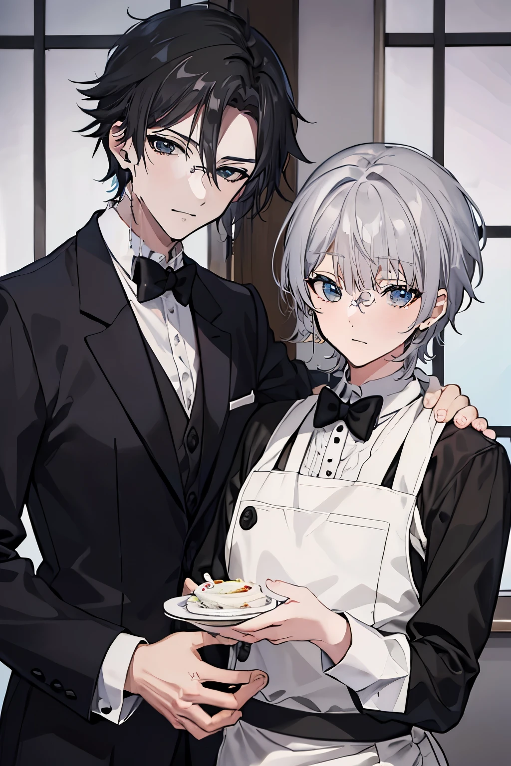 (Mastepiece)、(Best Quality)、Very detailed、((Two butlers:1.5))、Perfect Face、Beautiful Face、Very detailedな顔、(Black-haired man:1.3)、(Grey-haired man:1.3)、Deacon&#39;s uniform、(glasses:1.3)、(White gloves:1.3)、Smiling face