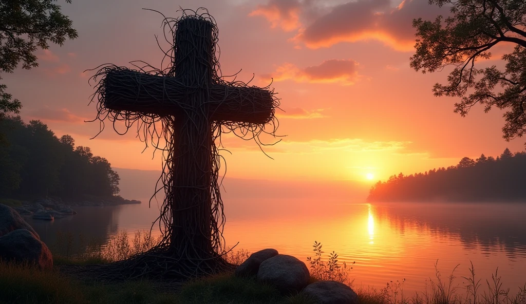 photograph of a large cross made of think vines centered in the frame in front of a sunrise by a lake,, ambient colors, realism style, cinematic texture, high contrast photography