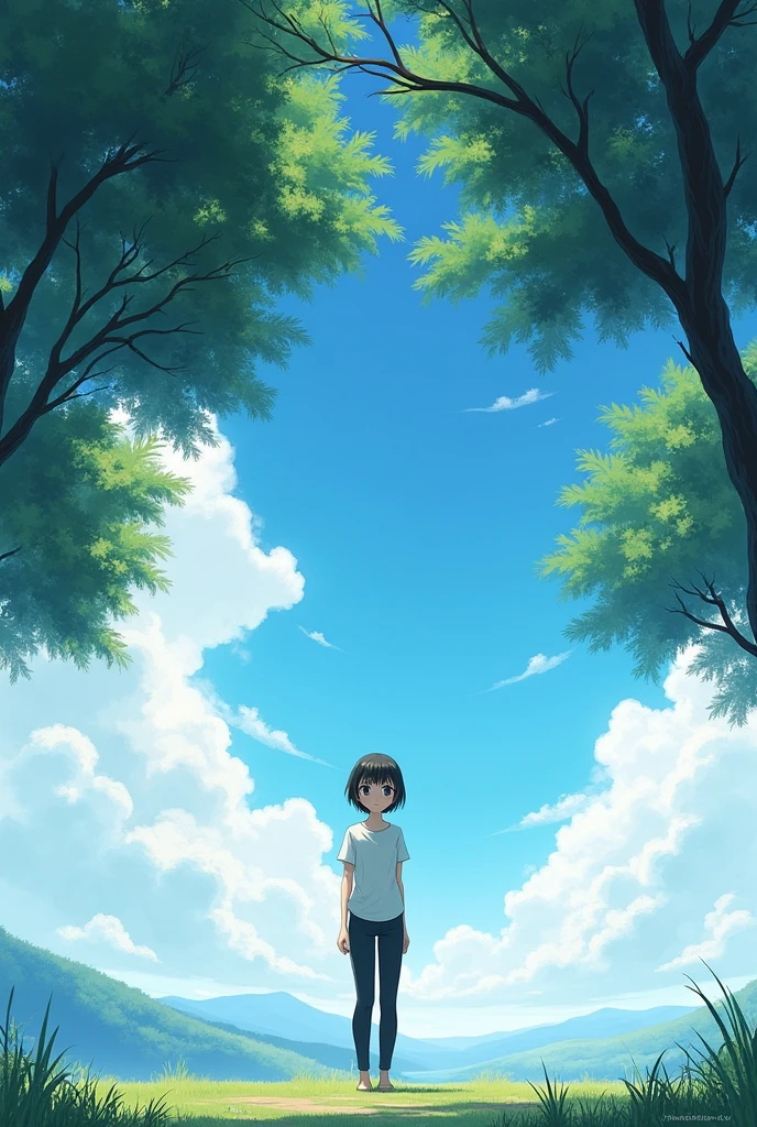 Create an anime illustration in the style of Makoto Shinkai. The scene depicts a spacious area, majestic blue sky, framed by the branches of a large tree, Deciduous tree. Sunlight filters through the leaves, radiating a serene glow. There is a woman standing in the center looking straight ahead.. She has short black hair with a parting in the middle and brown eyes.. She is wearing a white shirt and black pants..