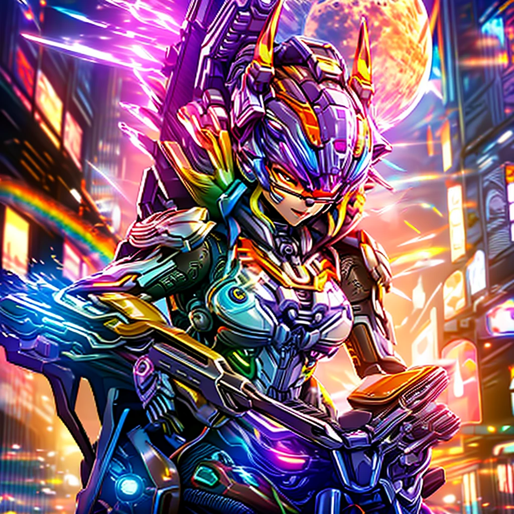 a highly detailed cyborg fox, a girl with glasses riding the cyborg fox, holding a gun, close-up shot, (rainbow-colored moon:1.2), futuristic city downtown, masterpiece, best quality, hyper-detailed, photorealistic, vibrant colors, dramatic lighting, cinematic composition