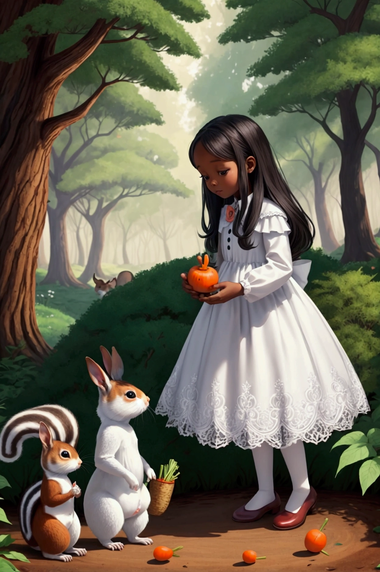 enchanted forest with a little black girl, a white rabbit, squirrel family and carrots children's drawing