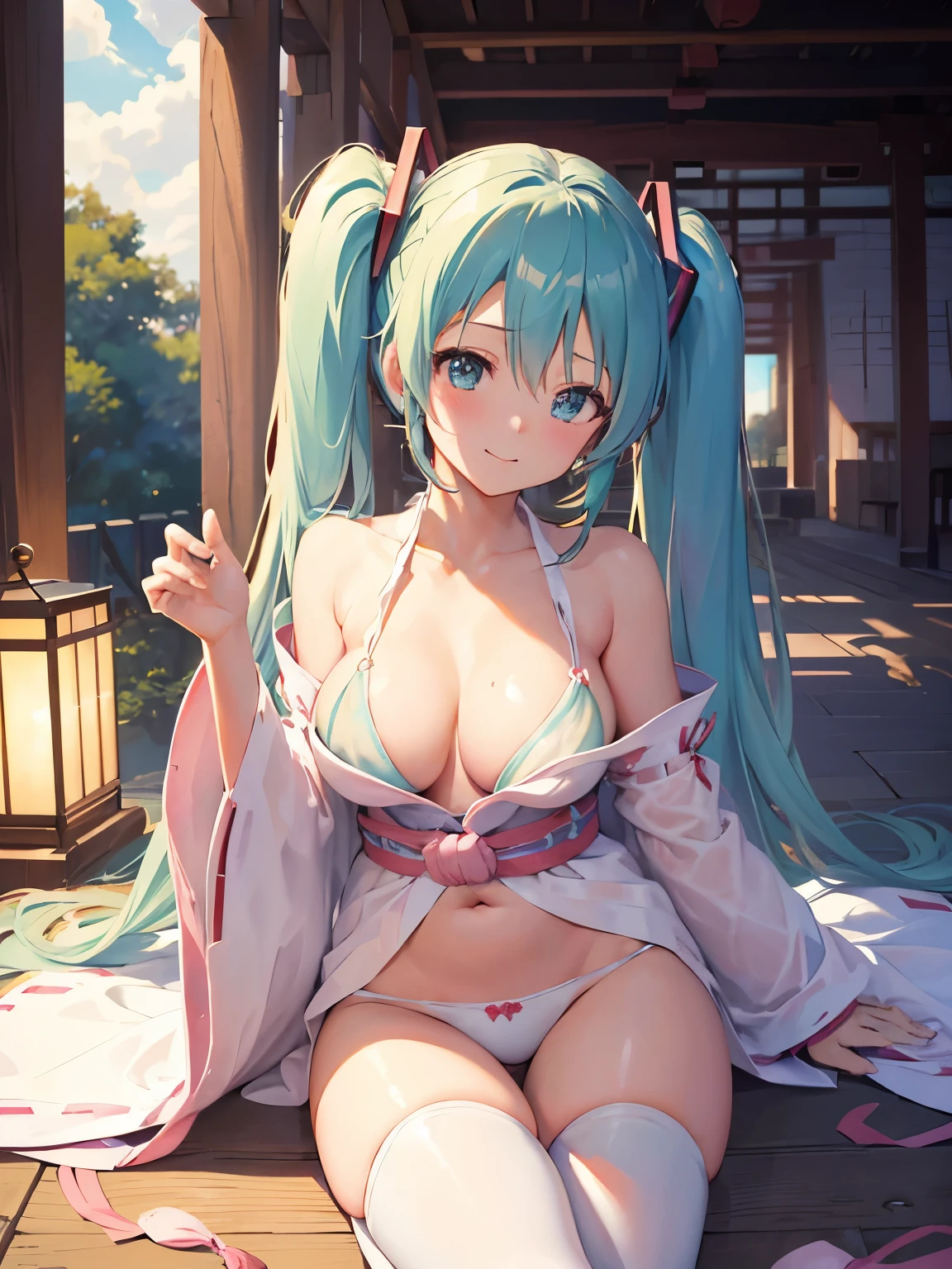 (Masterpiece, highest quality), 1 elven girl, solo, long hair, Large breasts, nipples,looking at viewer, blush, smile, bangs, very long hair, light blue hair, hair style is twin tails,flower hair ornament , large breasts, long sleeves, cleavage, hair between eyes, sitting, open mouth,  collarbone, thighs, outdoors, japanese clothes, kimono, sash, petals, floral print, cherry blossoms, yukata, white kimono, print kimono,(Open the front of the kimono chest very wide),Ease up a kimono  sash