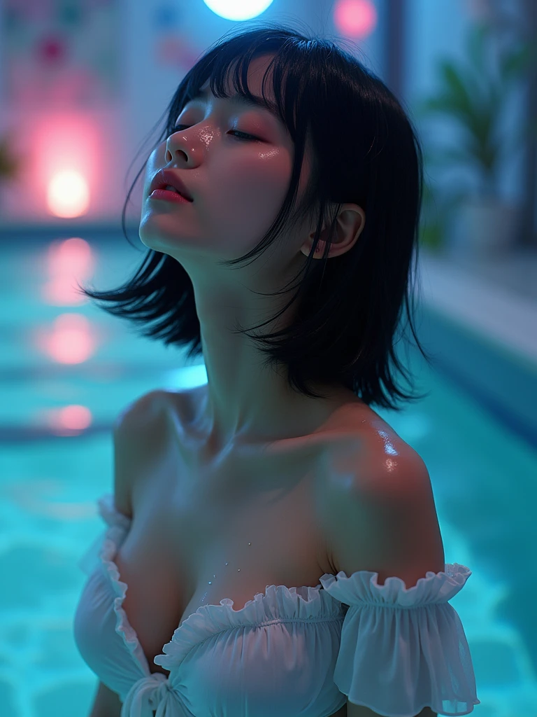 High resolution, masterpiece, Highest quality, One person, Japanese, front、Cute Face、Looking up at the sky、Melancholic expression、Close ~ eyes、Black Hair, Bob Cut Hair, White frilly off-shoulder swimsuit、Large Breasts, Sweat、Wet Hair、Wet body、The background is a psychedelic glowing light.、