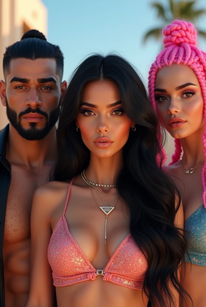 INSTAGRAM MODEL , with long black hair , with her friends , A very handsome and fair Arab guy , long black hair manbun, muscular with abs , Threaded long thick pink braids, full body view