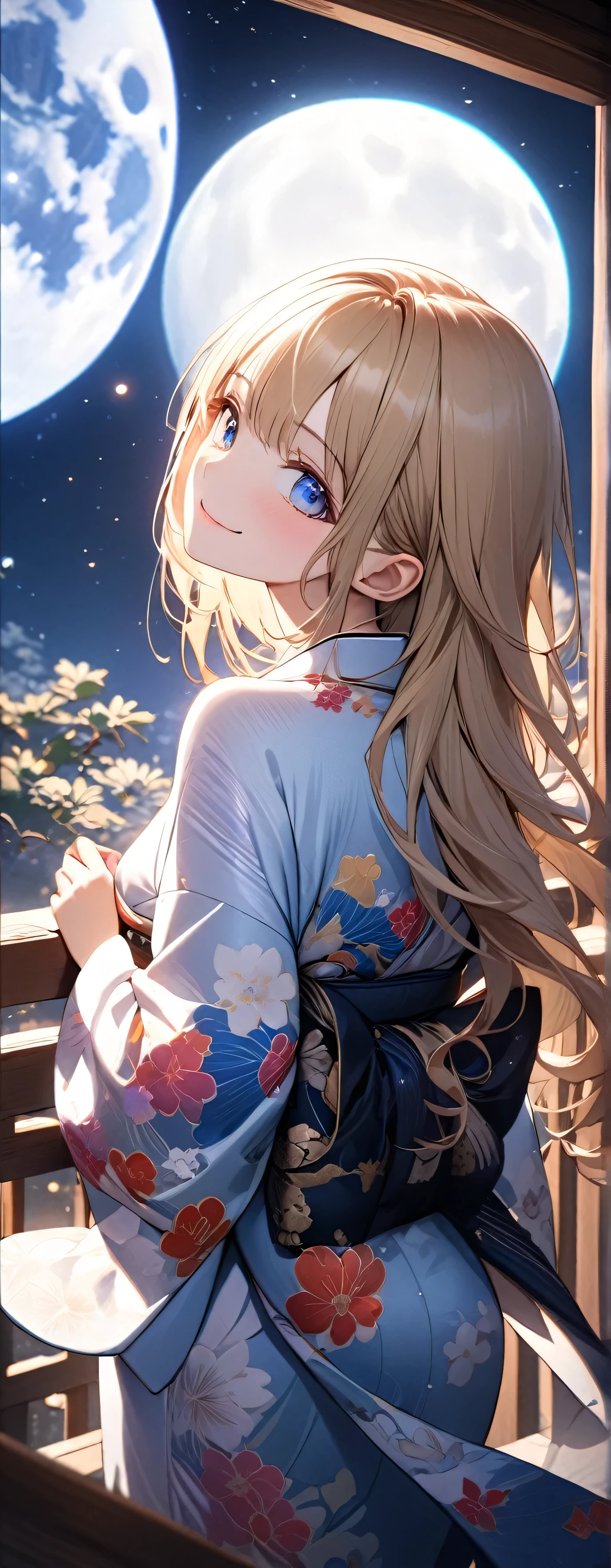 (beautiful girl: 1.3),1girl,masterpiece, Highest quality, Ultra-high resolution,Rich contrast,super high quality,8k,Highly detailed CG unit wallpaper,texture,Unbelievably absurd,Ultra-high resolution,RAW Photos,Depth of Field 1.2,(Beautiful and detailed kimono),smile,Light blue eyes,Very fine eye,bigeyes,Droopy eyes,White skin,blonde,moon between the clouds,stardust,mystic glow,phantom moon,(from behind:1.8), (Gazing-into-the-Distance:1.3),(Looking Up 1.3),Veranda,wariza,She is gazing at the moon