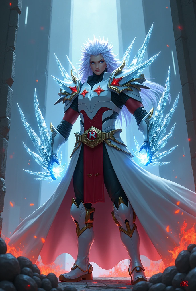 Male age 35, long white and pale purple hair, asian-latin, dark blue eyes, strong big monster Diamond ice demon arms, white Plate armor, armor breastplate with a pair four-pointed red stars, a gold belt buckle with a letter R, red leotard, plate belt, plate wristband, armor boots with red flames, cyberpunk japanese style, athletic, magic powers, action, black cat nails, crazy pose, dark ruins backgroud, full body