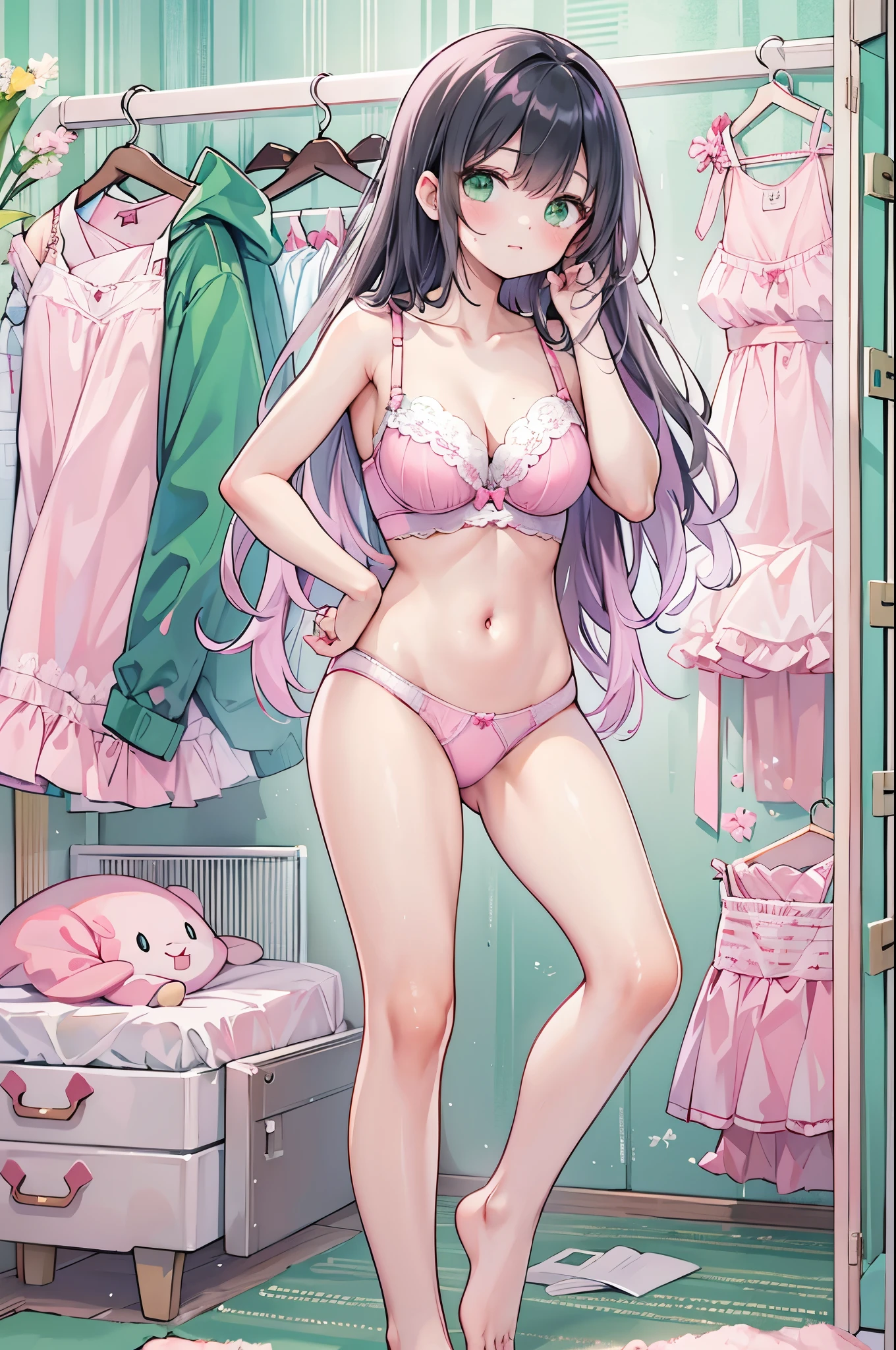 ((Highest quality, 8k, masterpiece: 1.3)), whole body,1 personの,1 person,,Glamorous Body,cute,Troubled face,Black Hair,Beautiful emerald green eyes,long hair,Stand in front,((In front of the clothes rack)),(((Pastel pink bra,Pastel pink panties,Scanty))),Morning sunshine,Inside the room,