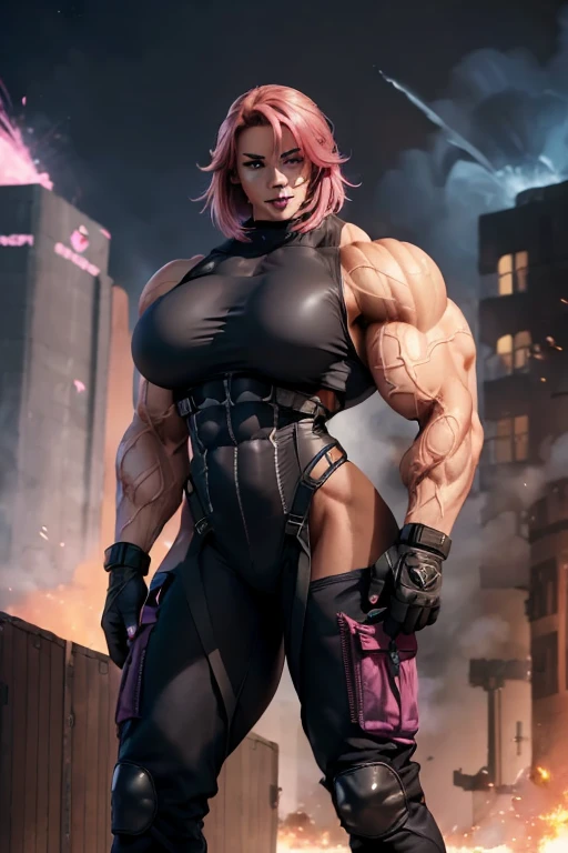 (((((Massive tall, beautiful, buff, light brown skinned muscular female soldier with shocking pink hair, black lipstick, ginormous bulky muscles and wearing a Stealth bodysuit and cargo pants))))), (close view), ((massive muscles)), massive biceps, hyper muscle shoulders, ginormous muscle arms, hyper muscle triceps, angled bob cut, red eyes, choker, (stealth belt), black boots, fingerless gloves, (in front of an exploding building), sensual smile, night, hyper muscles arms, hyper muscle legs, (ginormous arms).