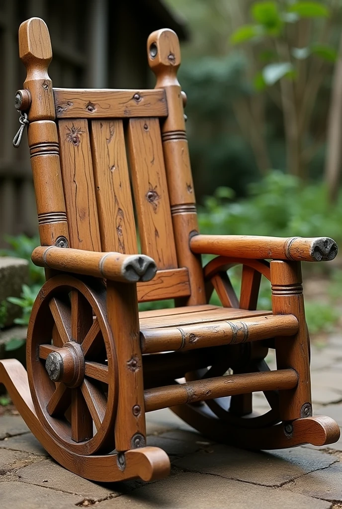 Rocking chair, of wood, rustic style. With wheelbarrow wheels on its armrests, Designed for a Lord of the Rings hobbit.
