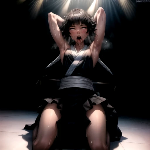 (masterpiece), (best quality), (beautiful eyes and face), (perfect female body), (shiny skin),
looking at viewer,
1girl, solo, sui-feng, black hair, short hair, short hair with long locks, grey eyes,
small breasts,
black kimono, sleeveless, white sash, black hakama skirt, (long skirt:1.2),
smile,
sitting, indian style,
tatami, Japanese Clothing, full body, kneeling,(muscle 1.4),- Hip vents, Perfect body proportions,No underwear,short hair, Small Breasts, No eyeballs, Also available in black, low twin braids,Facing the audience, looking at the audience, tired, from below, (Exposed armpit:1.1), ((armpit:1.2)), Sweating, More and more sweat,(ahegao), (Roll your eyes), open mouth, Sticking out tongue, saliva, Slobber,Skinny, raise arms, (arms above head:1.5), runny nose, drooling.