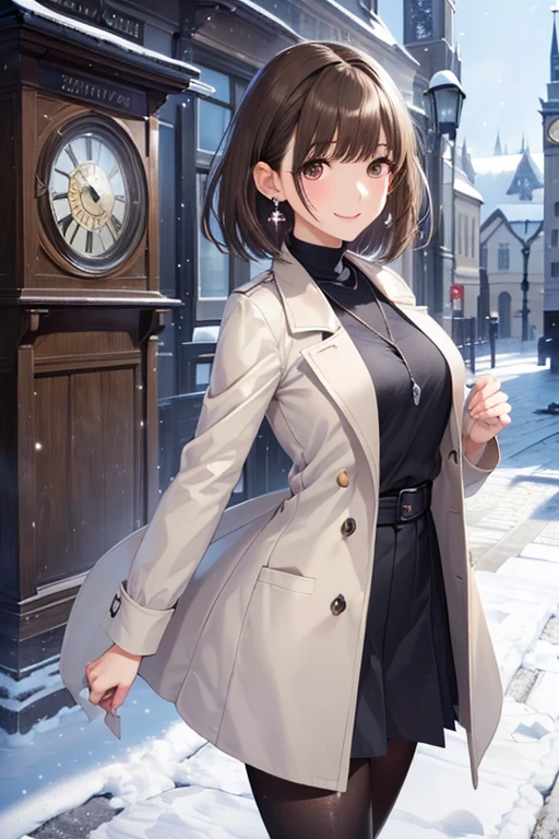 anegasaki nene、Shiny brown hair, short hair, (Beautiful brown eyes、Sparkling eyes, Fine grain)、smile、Ultra-detailed eyes、Highly detailed face, Highly detailed eyes,Cowboy Shot、
((Biologically correct limb count))、4K、masterpiece、Eye for detailed depiction、Beautiful woman、Excellent style、Beautiful arms、Beautiful feet、Beautiful Hands、Slender body、(Small Ass、Thin thighs)、(Black Stockings、High heels)、Detailed depiction of the face、
Small earrings、necklace、(Upper body shirt、Lower body skirt、coat)、Snowy morning town、Meet in front of the clock tower、Face close-up、smile、clear