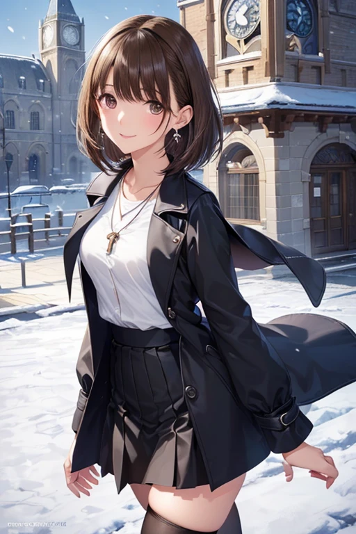 anegasaki nene、Shiny brown hair, short hair, (Beautiful brown eyes、Sparkling eyes, Fine grain)、smile、Ultra-detailed eyes、Highly detailed face, Highly detailed eyes,Cowboy Shot、
((Biologically correct limb count))、4K、masterpiece、Eye for detailed depiction、Beautiful woman、Excellent style、Beautiful arms、Beautiful feet、Beautiful Hands、Slender body、(Small Ass、Thin thighs)、(Black Stockings、High heels)、Detailed depiction of the face、
Small earrings、necklace、(Upper body shirt、Lower body skirt、coat)、Snowy morning town、Meet in front of the clock tower、Face close-up、smile、clear