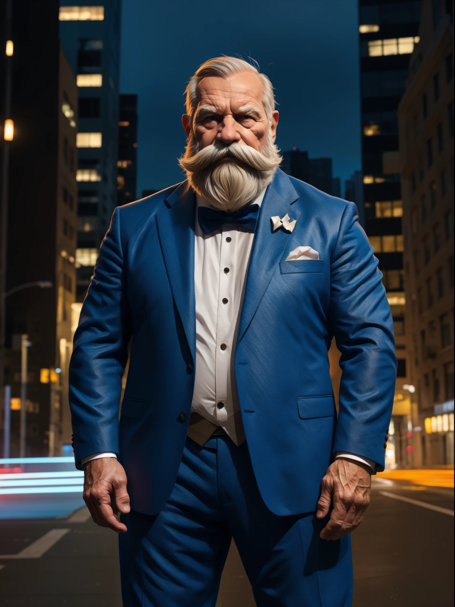 an old man wearing a suit, muscular, standing in a city background, (mwvector), vector, thick mustache, long beard, 8k, high quality, photorealistic, detailed wrinkles, detailed facial features, detailed texture