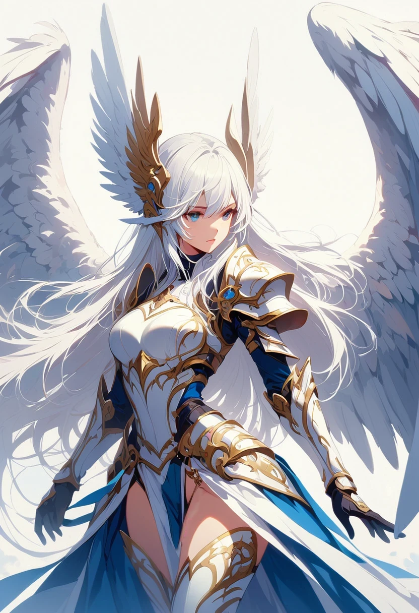 1girl angel angel_wings armor feathers_Long wing feathers_Hair Shoulder Armor Shoulder_Armor single piece_Upper wing separation_The body is white_Theme blue_Wings Wings Leg Armor