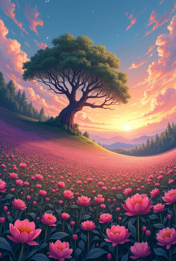 "Create a highly detailed anime-style illustration of a vast, enchanting flower field sprawling across a gently sloping hill. The flowers are enormous, with vibrant petals in a variety of colors, towering over the landscape, creating a surreal, magical atmosphere. At the top of the hill stands a majestic, ancient tree with sprawling branches, bathed in the warm, golden light of a dramatic sunrise. The sky above is filled with colorful, swirling clouds, painted in an impressionist style that blends seamlessly with the scenery. The overall image should evoke the intricate techniques of pointillism, with tiny, precise details in the flowers and tree, yet maintain the dreamy, vibrant aesthetic typical of anime art. The use of light and color should enhance the ethereal, otherworldly feel, making the scene appear as if it’s straight out of a fantasy dream. The composition should reflect the artistic influences of Impressionist painting, with a digital painting style that combines both realism and fantasy, perfect for a showcase on platforms like ArtStation."