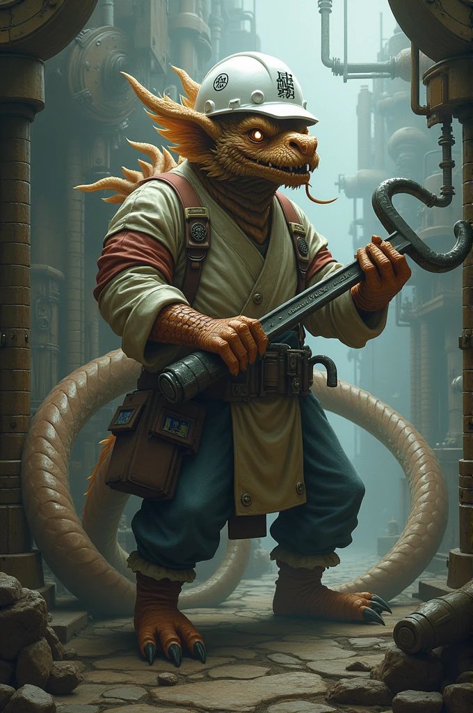 Shenlong wearing a white engineer's helmet and holding a key