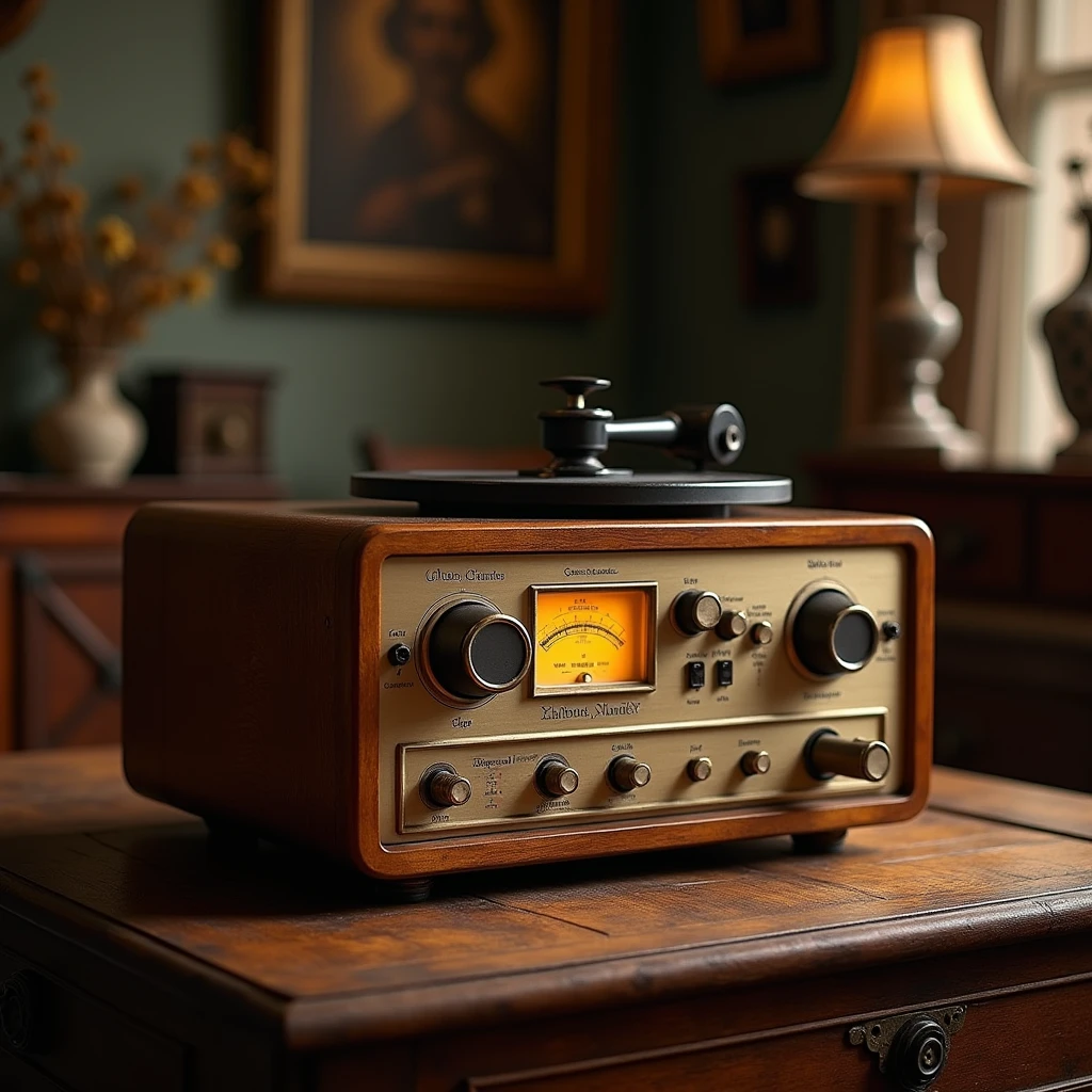 Oldschool music player, vintage, antique. Press play