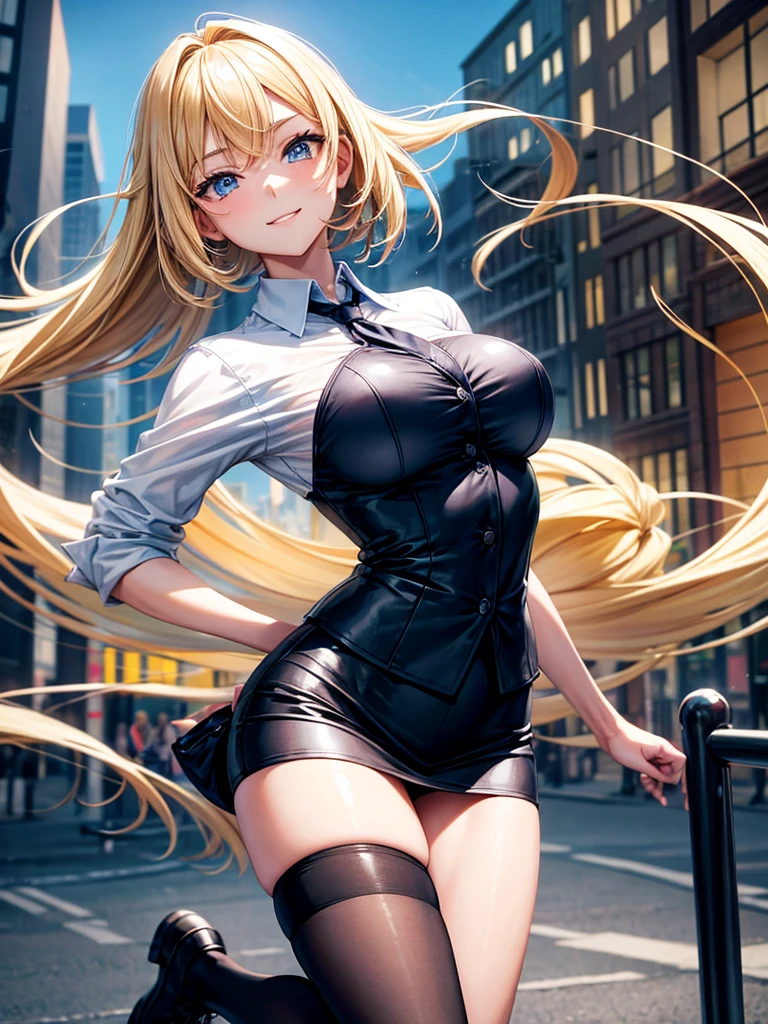 Anime style, super fine illustration, highly detailed, beautiful detailed, perfect detailed, super high quality image, static representation, gentle expression, happy expression, the pretty image, 8k, pretty 1girl with blonde straight short hair & blue eyes & a bright smile & full bust & soft fair skin is a female secretary not to show her skin wearing the business shirt & vest & black tight skirt & black pantyhose on the urban business buildings street, in the morning, solo, perfect fingers, no more fingers, no less fingers, perfect arms, no more arms, perfect legs, no more legs, no more hair, masterpiece.