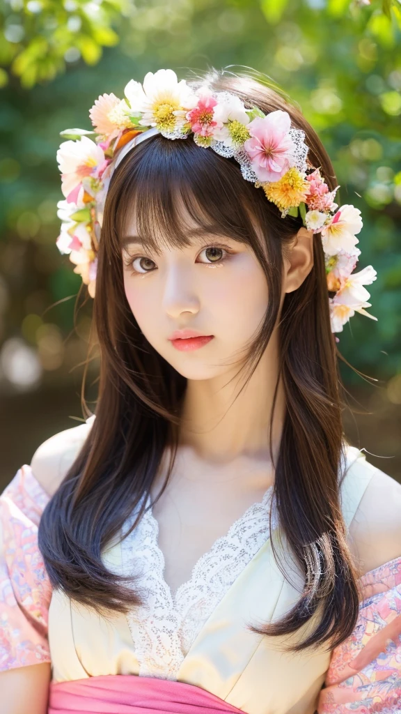 Japanese Shrine Maiden、whole body、halo、High quality,Japanese idol,18yo,expressionless,look at viewer,medium bob hair, brown hair,Colorful flower crown in primary colors, brown eyeshadow, light pink cheek,eyeliner, beige lipstick, glossy lips, pink dress with frills and lace, colorful flower petals in primary colors, detailed hair, slightly tousled hair, detailed eyelash,detailed skin pores,low angle,blue background,natural lighting
