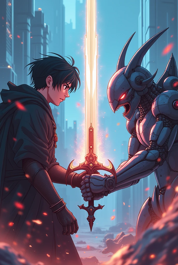 Amidst celestial ruins, two colossal male titans clash, their forms wreathed in ethereal light. Yet, amidst their cosmic battle, an unexpected undercurrent of romantic tension flows, veiled beneath the clashes, marking a convergence of fate with a tender twist amidst the chaos of cosmic love.