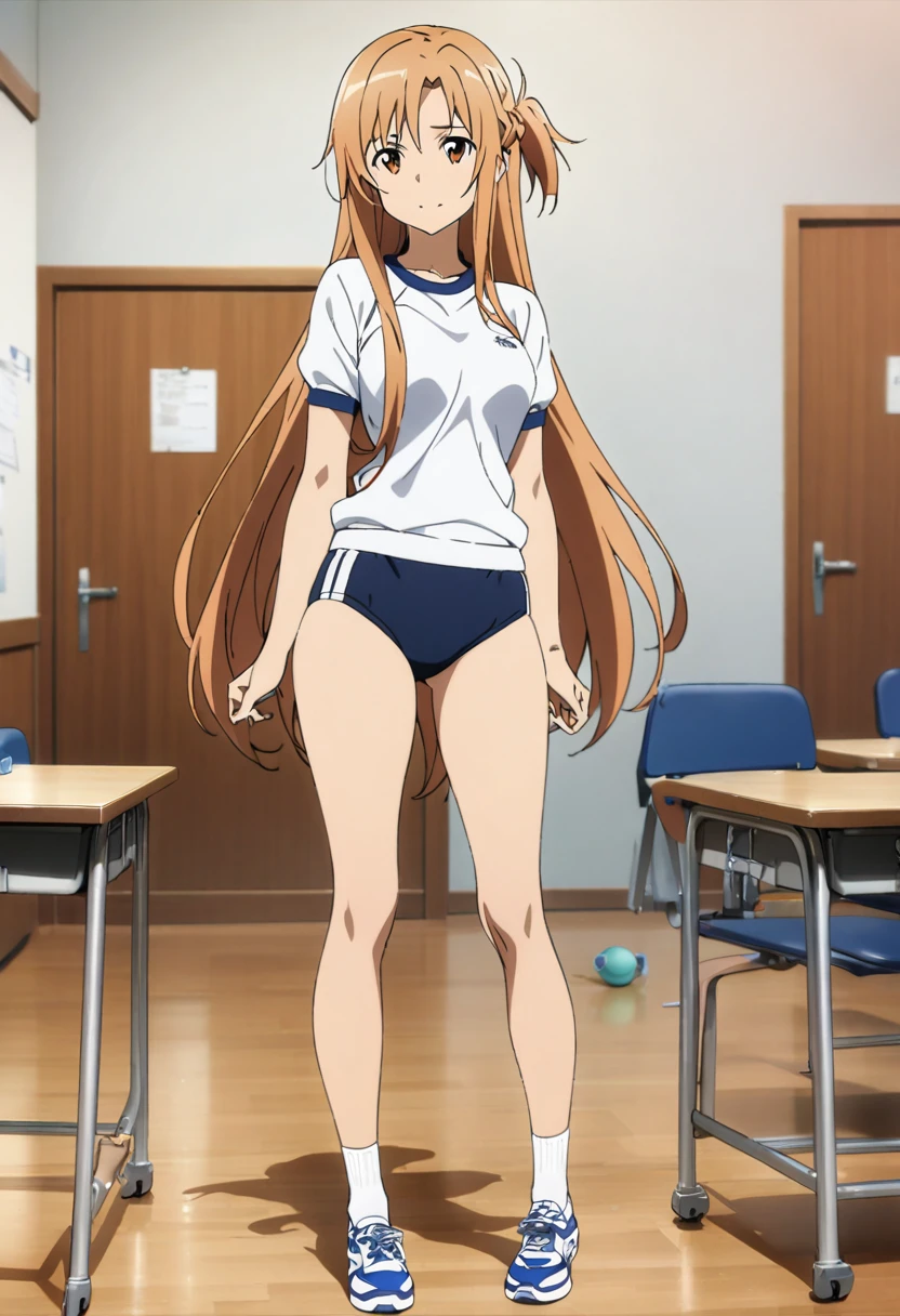 1girl, asuna \(sao\), sword art online,full body,((Sexy)),model posing,gym uniform, gym shirts, white t-shirts, ((buruma)),class room,masterpiece, best quality, absurdres,