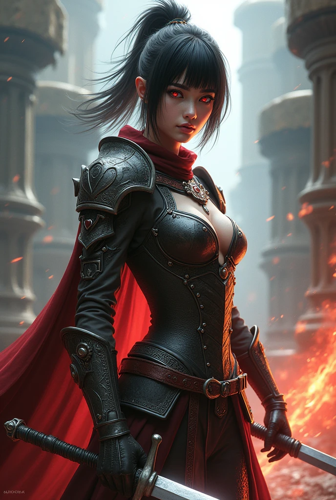 full body display、A world of swords and magic,Female Warrior, (Realistic:1.4), (Highest quality:1.0), (Ultra-high resolution:1.0), 8k, RAW Photos, (masterpiece:0.2)、One Woman、 Detailed skin, View your audience, Red eyes, (Short hair with bangs:1.2), (Pyros Face_v1:0.5)